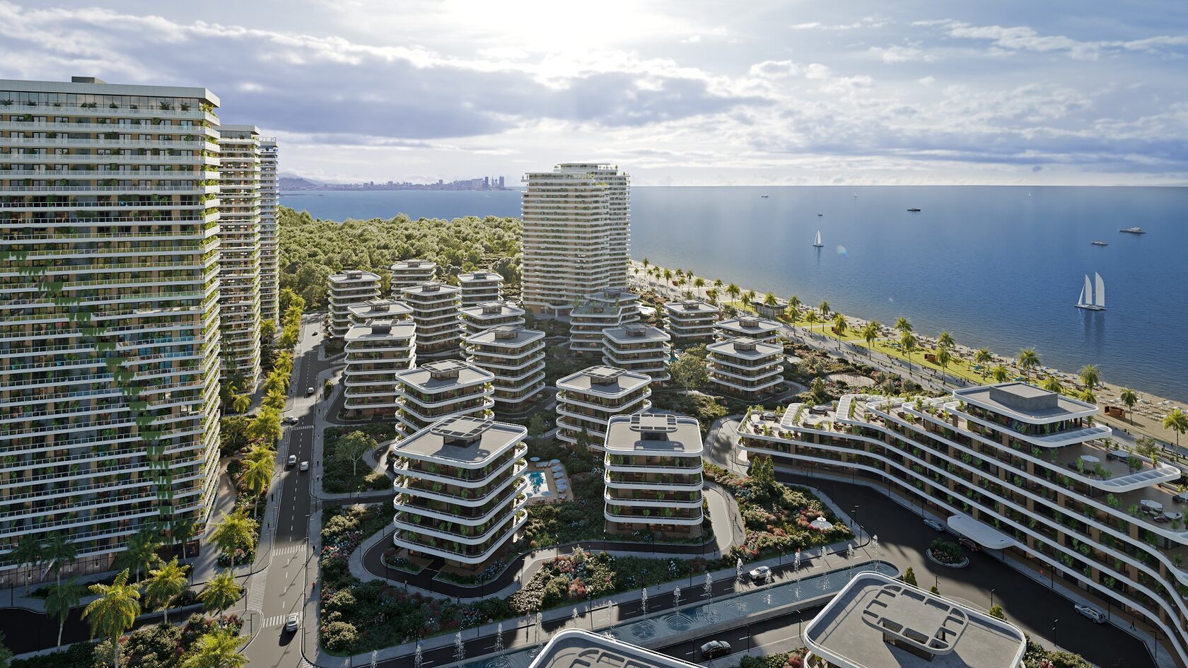 Аэросъемка курортного комплекса Petra Sea Resort с видом на террасные здания, пляж и яхты в море