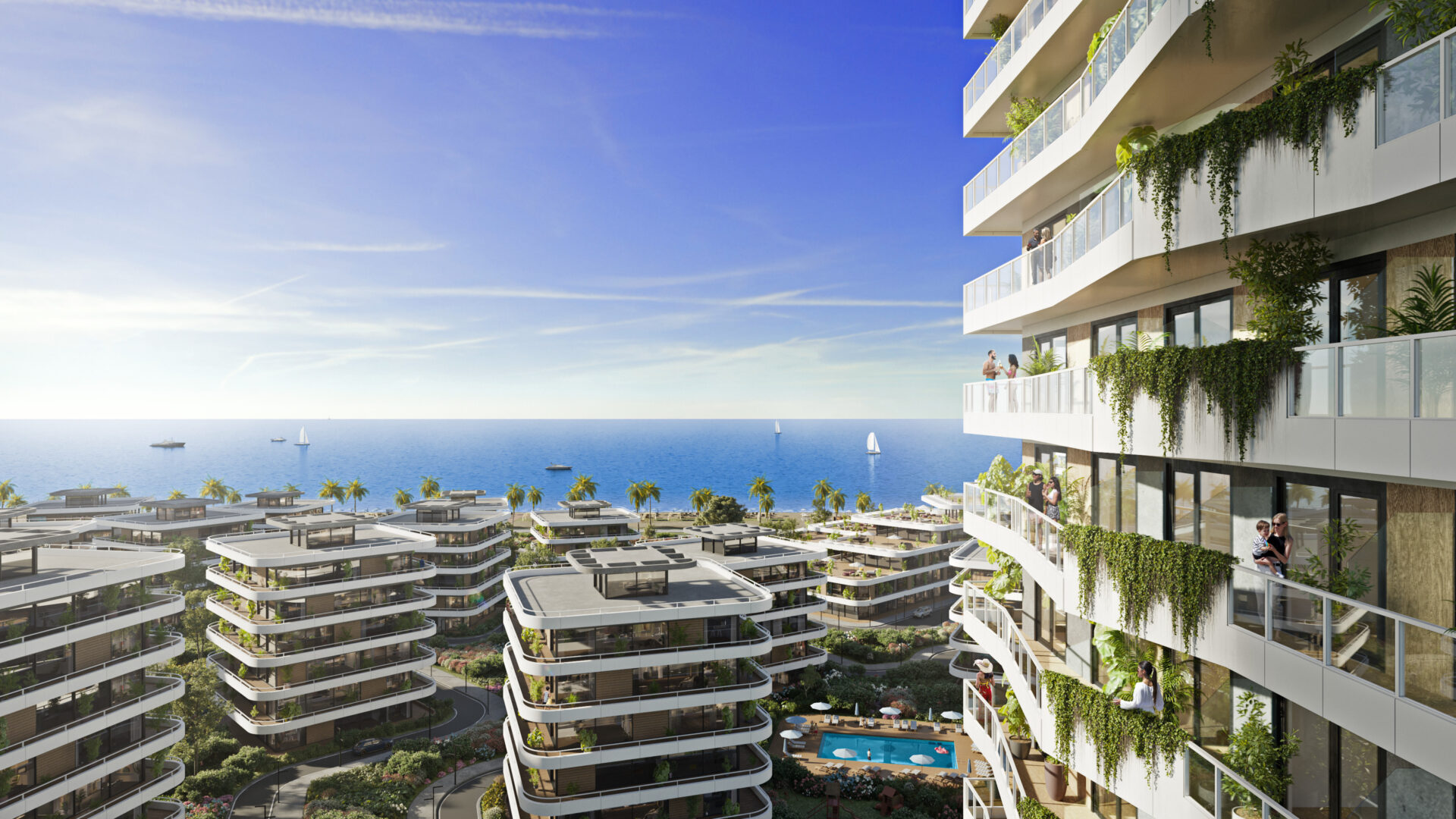 Вид с балкона резиденции Petra Sea Resort на море, бассейны и озелененные террасы с живыми растениями