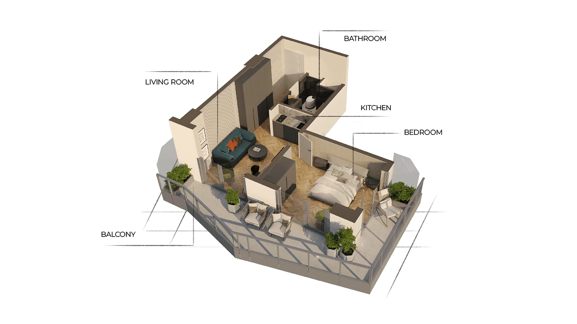 3D планировка 1-комнатной квартиры Petra Sea Resort с гостиной, спальней и большой террасой