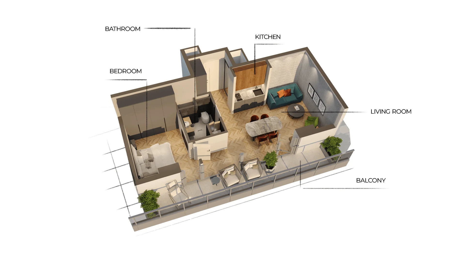 3D планировка просторной 1-комнатной квартиры Petra Sea Resort с отдельной спальней и гостиной