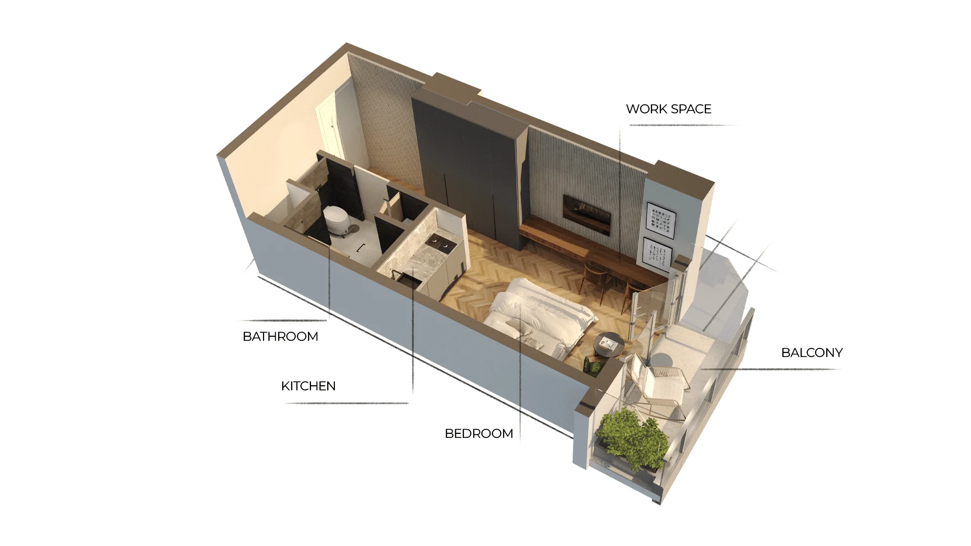3D планировка студии Petra Sea Resort с кухней, спальней, рабочей зоной и балконом