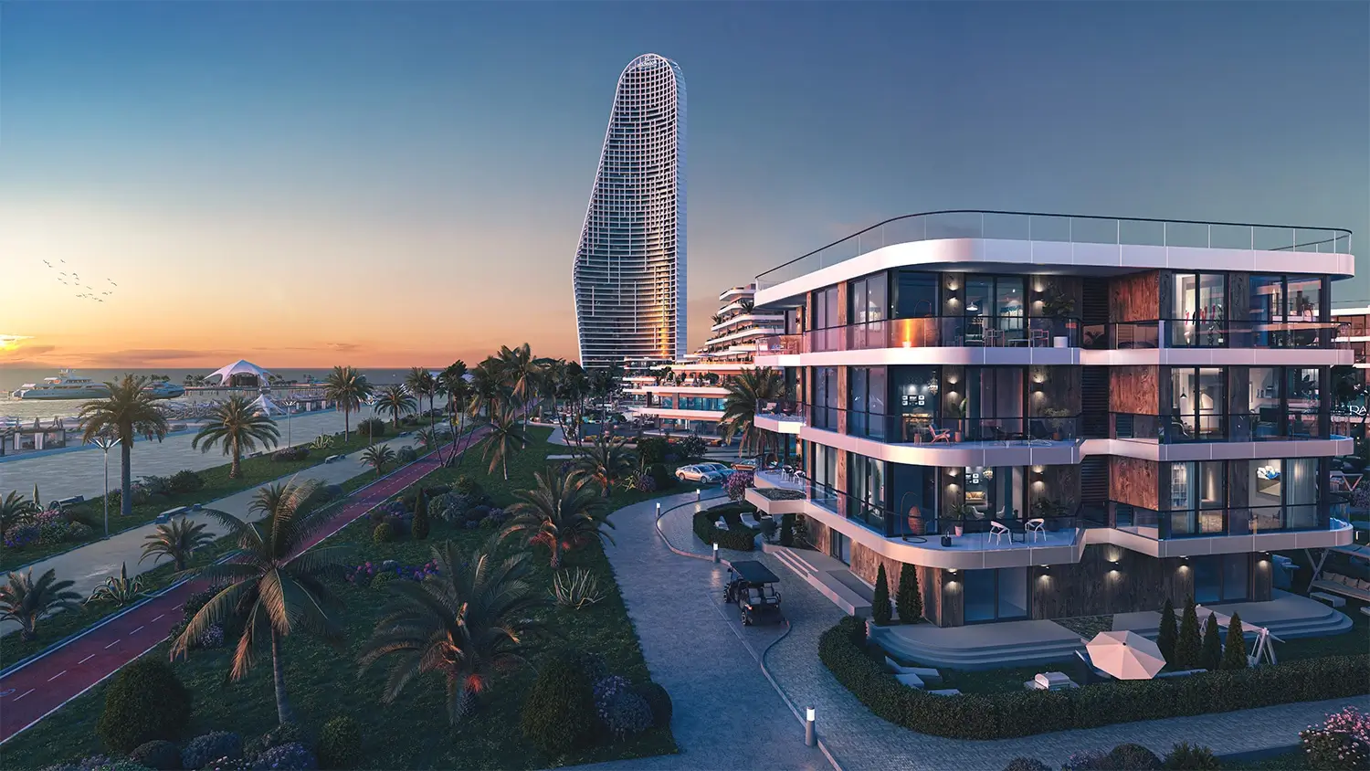 Вечерний вид на брендированные резиденции Pullman и знаковую башню Petra Sea Resort на закате